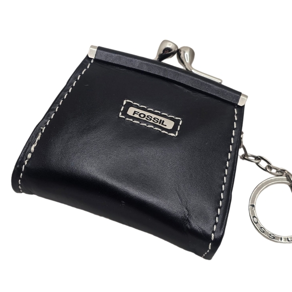 Vintage Fossil Mini Black Leather Coin Purse Kisslock Daisy Charm - Picture 3 of 10